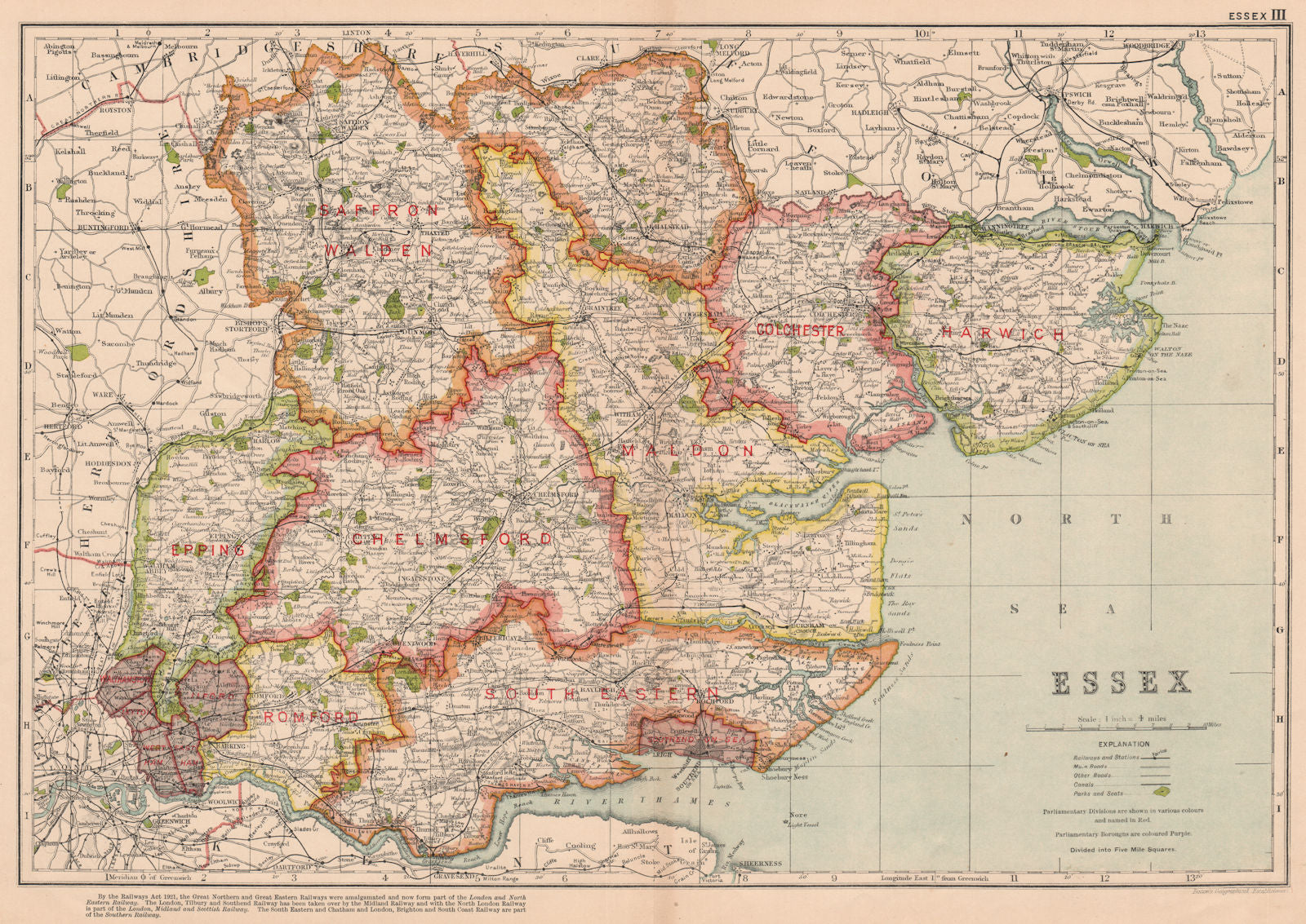 ESSEX. Showing Parliamentary divisions, boroughs & parks. BACON 1927 old map